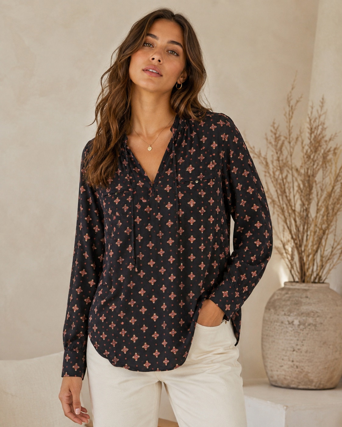 Free People Women's Blouse Black Red M Rayon Viscose Geometric Tie Neck Pockets